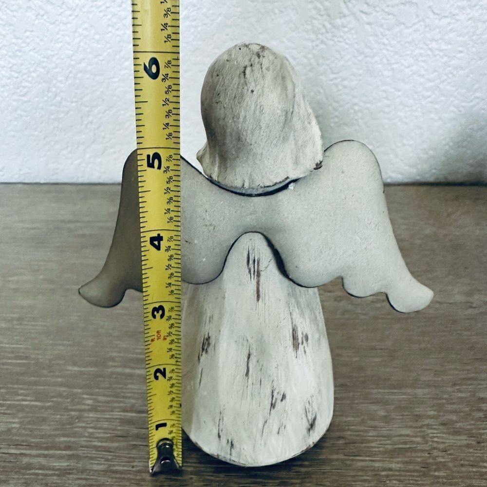 Rustic Wood Angel Metal Wings Floral Decor Figurine - Picture 2 of 4
